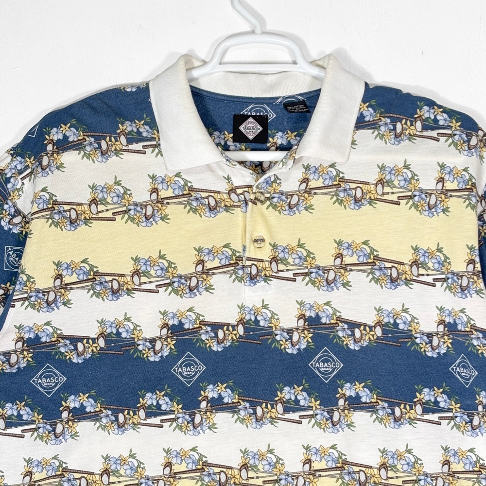 VTG Tabasco Sportswear Mens Large Polo Shirt Tropical Golf Floral Blue Yellow